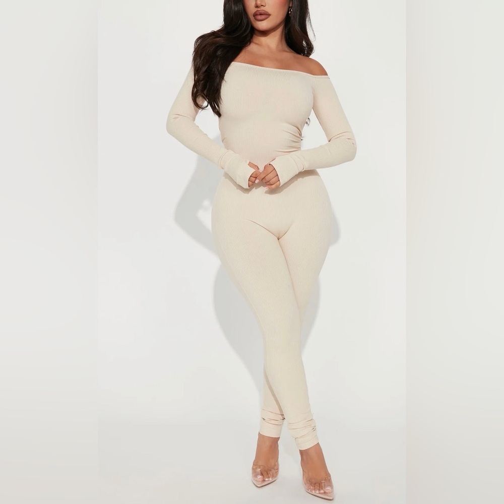 Fashion Nova Cream Off-Shoulder Jumpsuit Size M